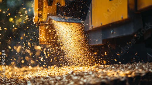 Wood Chipper Machine Shredding Tree Branches and Logs Closeup