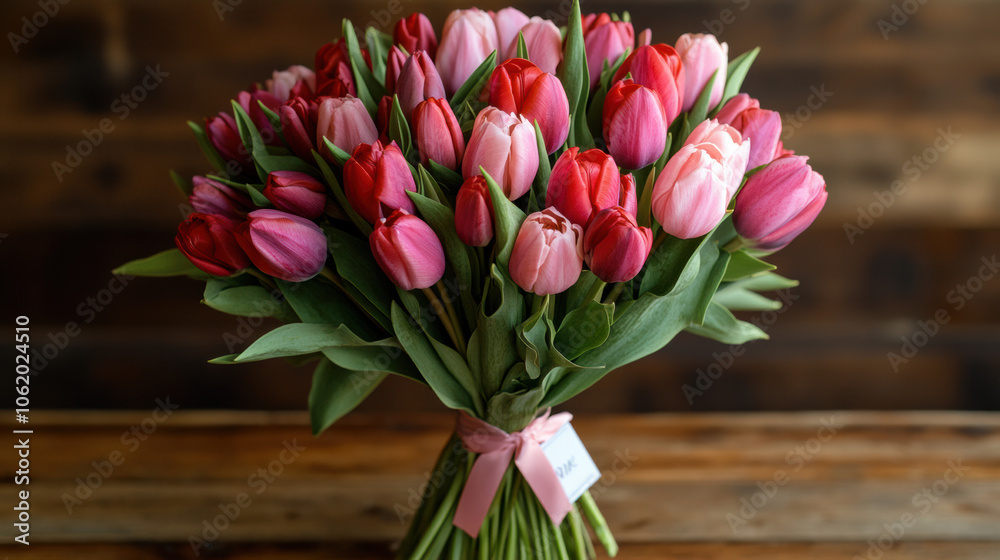 Obraz premium beautiful bouquet of pink and red tulips tied with ribbon, expressing love and joy