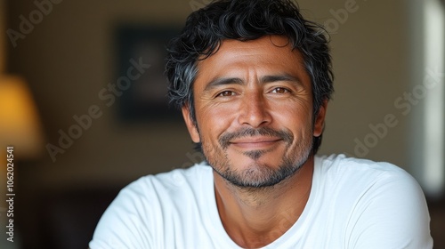 portrait of adult Hispanic softly smiling man is 45 years old with beard wearing white T-shirt at home