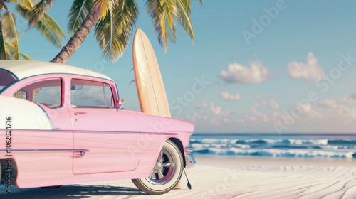 A pink car with a surfboard stands in front of it on the beach