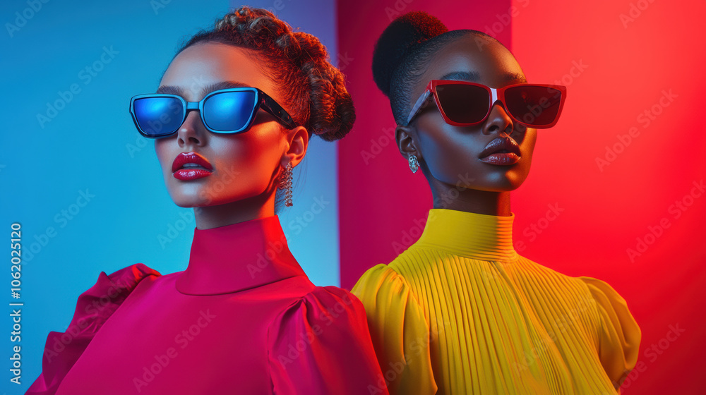 Two fashion models wearing sunglasses and colorful tops pose against vibrant blue, white and red backdrop