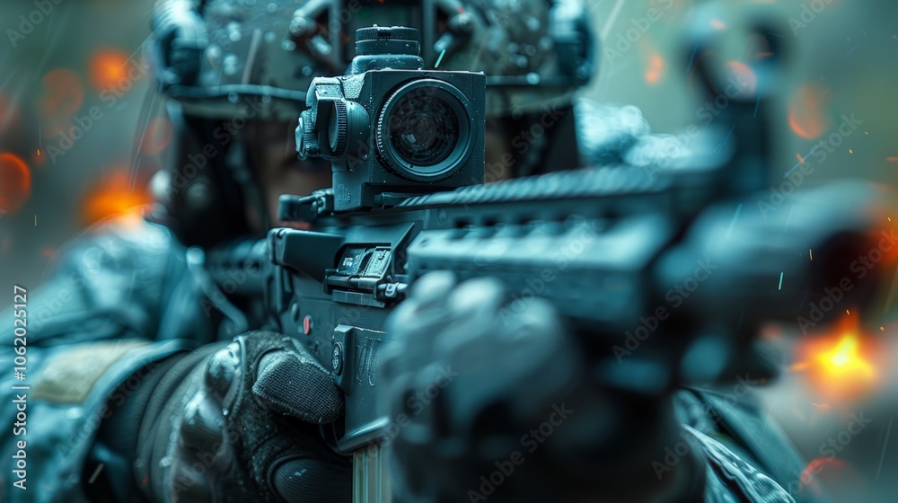 Military officer holding a weapon in combat stance Military officer holding a weapon in combat stance