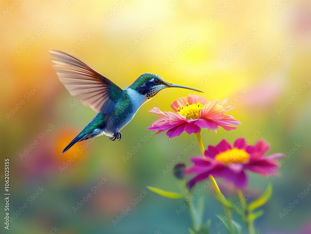 Obraz premium hummingbird hovers near pink flower, its wings blur of motion