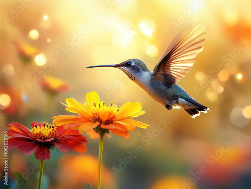 Hummingbird in flight near colorful flowers