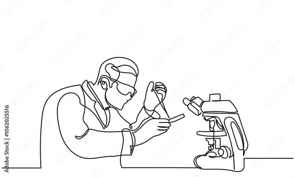 Continuous line drawing of male Scientist Using Microscope.Medical Development Research Laboratory.A young man researcher working in the lab, with test tube research.Healthcare and medicine concept Continuous line drawing of male Scientist Using Microscope.Medical Development Research Laboratory.A young man researcher working in the lab, with test tube research.Healthcare and medicine concept