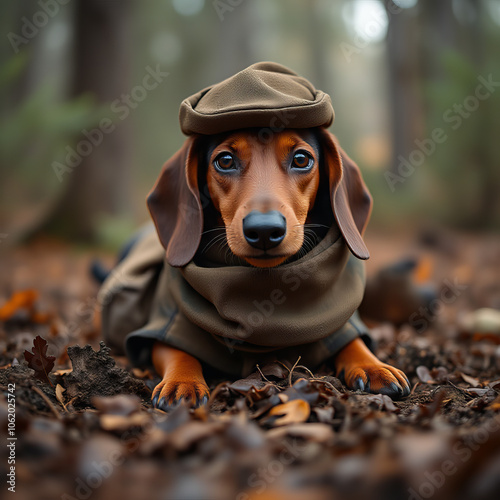 A Dachshund lying in the forest in huntsman dress