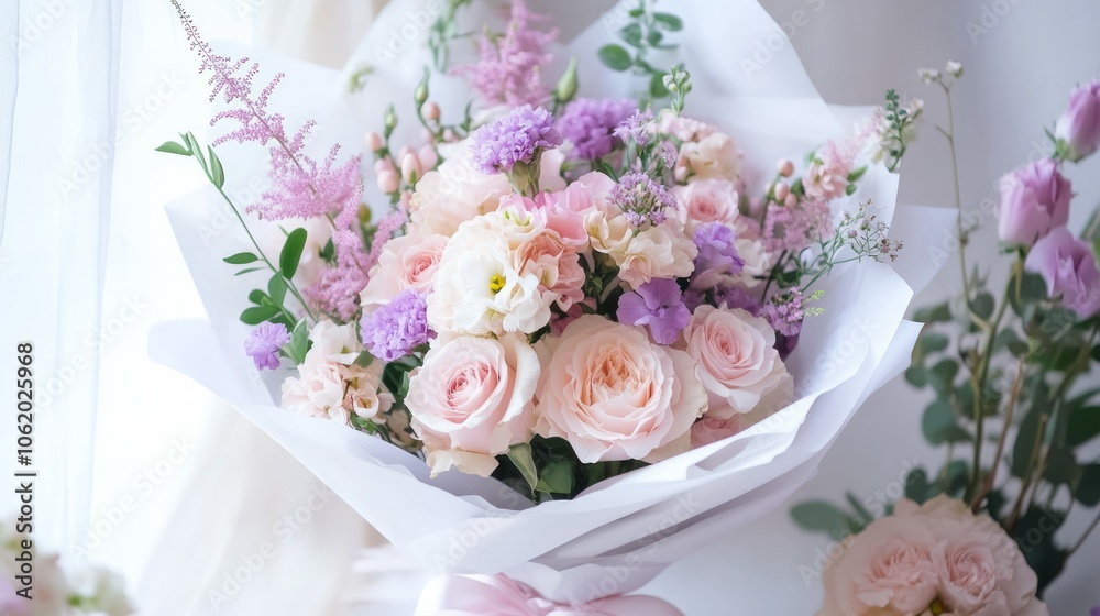 A bouquet of flowers wrapped in white paper, placed on top of the table with light purple and pink colors, surrounded by other delicate pastel-colored flowers, white background A bouquet of flowers wrapped in white paper, placed on top of the table with light purple and pink colors, surrounded by other delicate pastel-colored flowers, white background