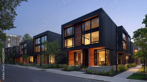 Modern Black and Wood Townhouses with Large Windows at Dusk