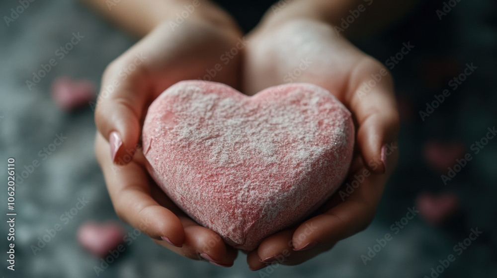 Close up of delicate hands holding heart shaped object, symbolizing love and care Close up of delicate hands holding heart shaped object, symbolizing love and care