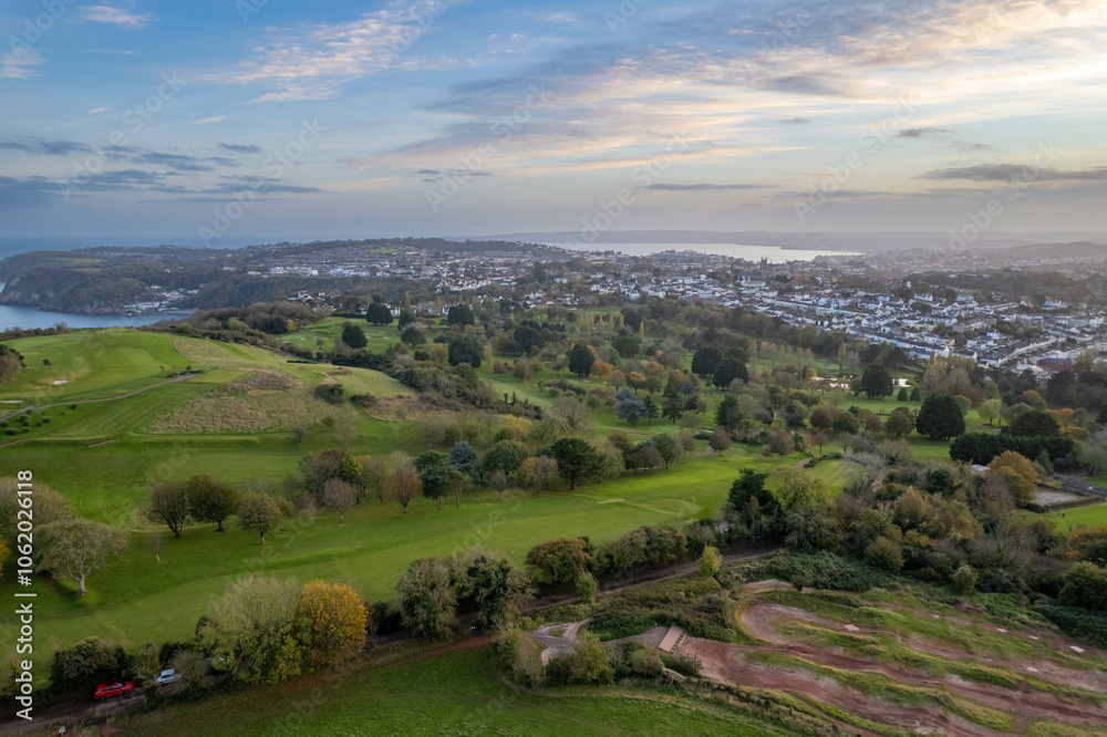 Aerial view across to Petitor Golf Club, Torquay, Devon. Aerial view across to Petitor Golf Club, Torquay, Devon.