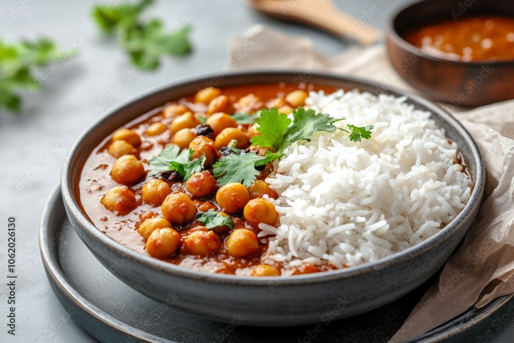 A bowl of Kala Chana Masala, a popular Indian dish made with black chickpeas, is served on a gray plate A bowl of Kala Chana Masala, a popular Indian dish made with black chickpeas, is served on a gray plate