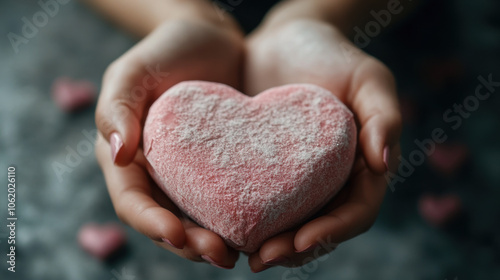 Close up of delicate hands holding heart shaped object, symbolizing love and care