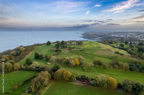 Aerial view across to Petitor Golf Club, Torquay, Devon.