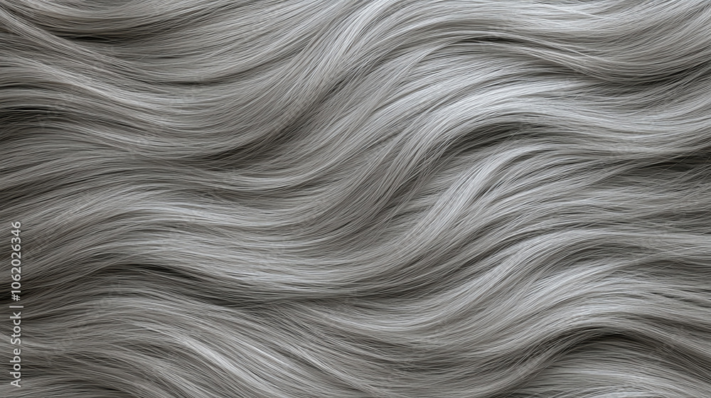 Close-up view of smooth, flowing gray hair texture, showcasing subtle waves and soft shadows, perfect for backgrounds and design projects.