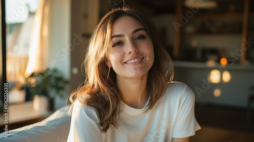 Smiling Woman Relaxing in a Bright and Minimalist Kitchen Interior with Soft Lighting and Warm Homey Decor photo