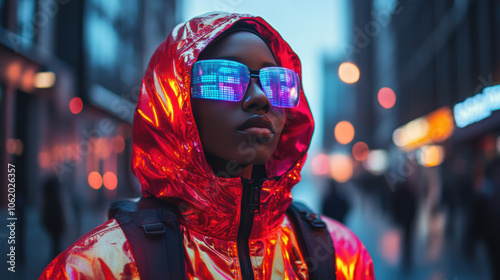 woman in futuristic, sleek outfit, with holographic accents, stands on city street, looking thoughtful