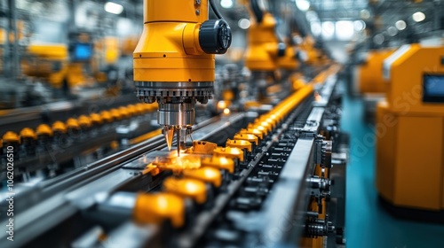 Industrial robotic arms in a manufacturing assembly line.