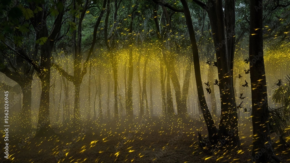 Obraz premium glow yellow fireflies magical nature forest night dusk illumination green