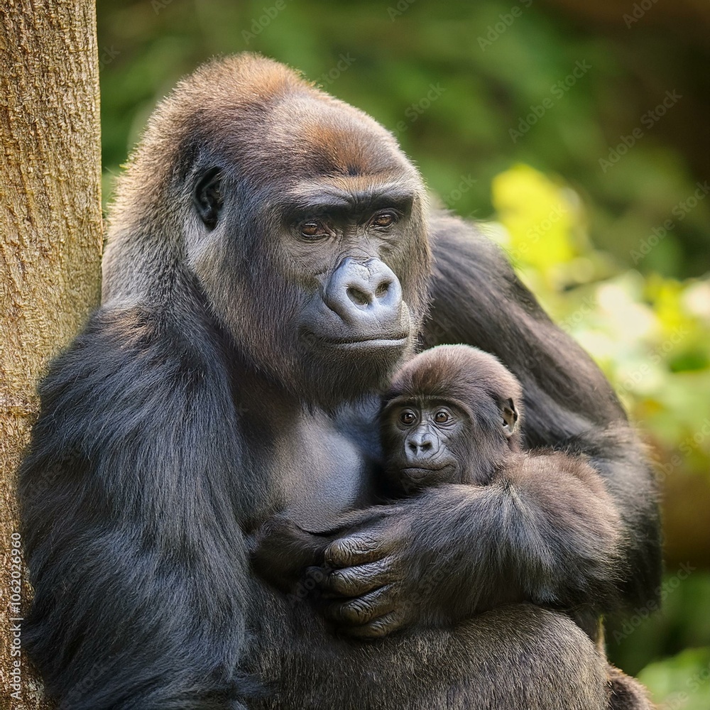 Obraz premium gorilla mum with baby, AI generated