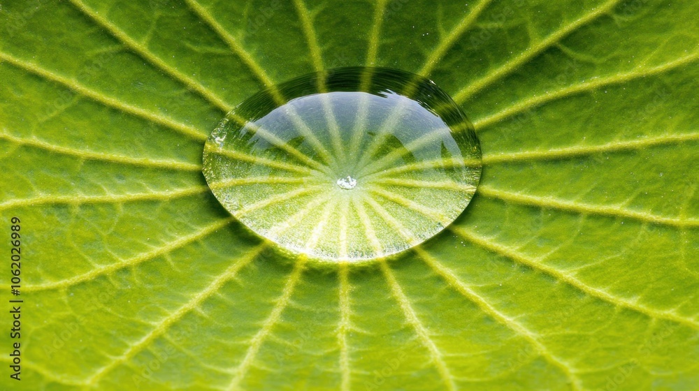 A Single Water Droplet Resting on a Green Leaf with Veins A Single Water Droplet Resting on a Green Leaf with Veins