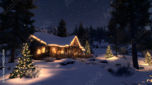 Festively decorated cabin with Christmas lights, nestled in a snowy landscape with trees, capturing a peaceful winter holiday mood