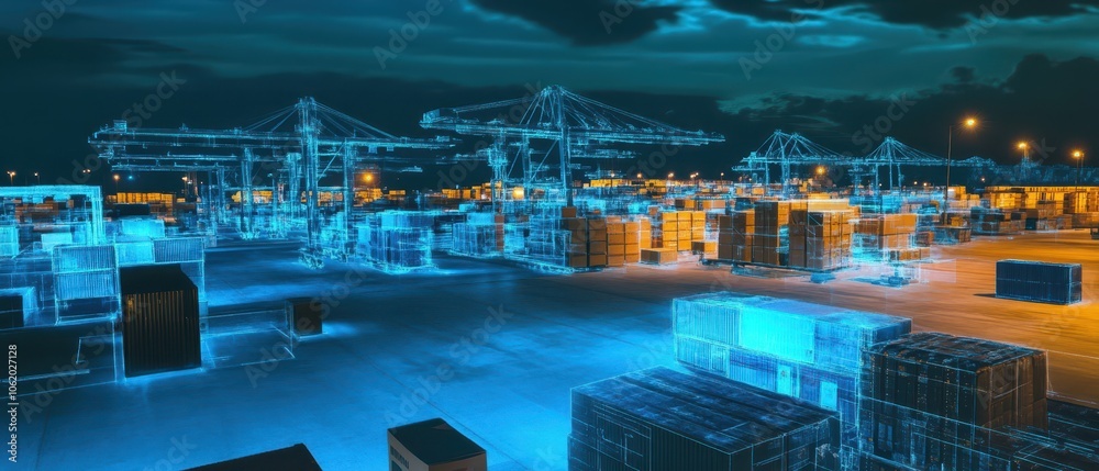 Obraz premium A futuristic depiction of a shipping yard with glowing containers and cranes, highlighting advanced logistics and digital transformation in maritime operations.