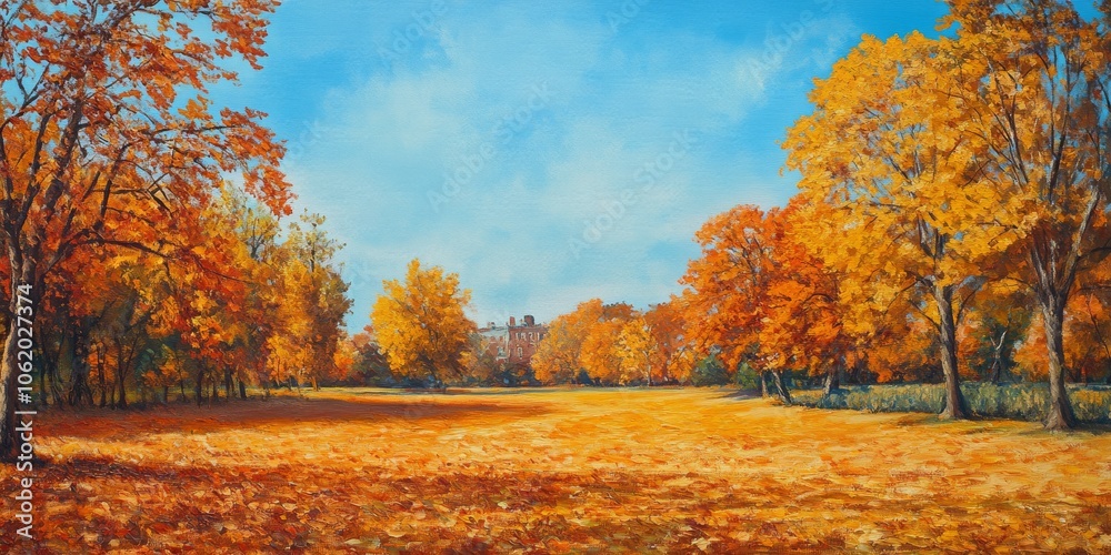 Expansive Autumn Park Landscape with Warm Orange Leaves and Distant View of Trees Expansive Autumn Park Landscape with Warm Orange Leaves and Distant View of Trees
