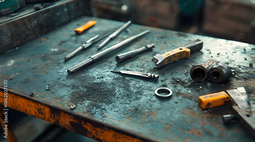 A selection of tools and mechanical equipment neatly arranged on a work table, showcasing functionality and precision in industrial design. A selection of tools and mechanical equipment neatly arranged on a work table, showcasing functionality and precision in industrial design.