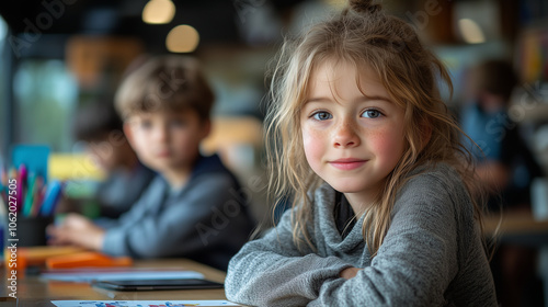 Young students working together on a school project, each focusing on their tasks at a shared table: The students each have five-fingered hands visible as they write, use tablets,