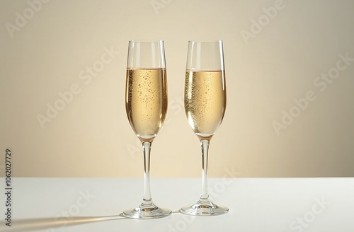 Two elegant champagne flutes filled with sparkling bubbly are set on a white table. The soft beige backdrop enhances the celebratory mood, ideal for toasting