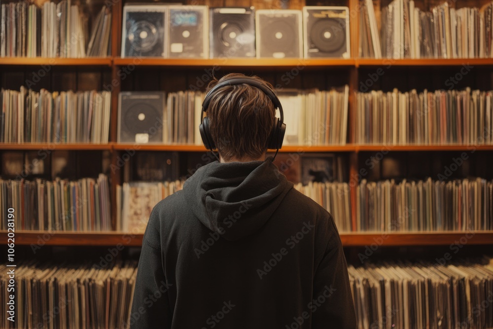 Man with back turned looking at bookshelves in library listening to music wearing headphones, working Man with back turned looking at bookshelves in library listening to music wearing headphones, working