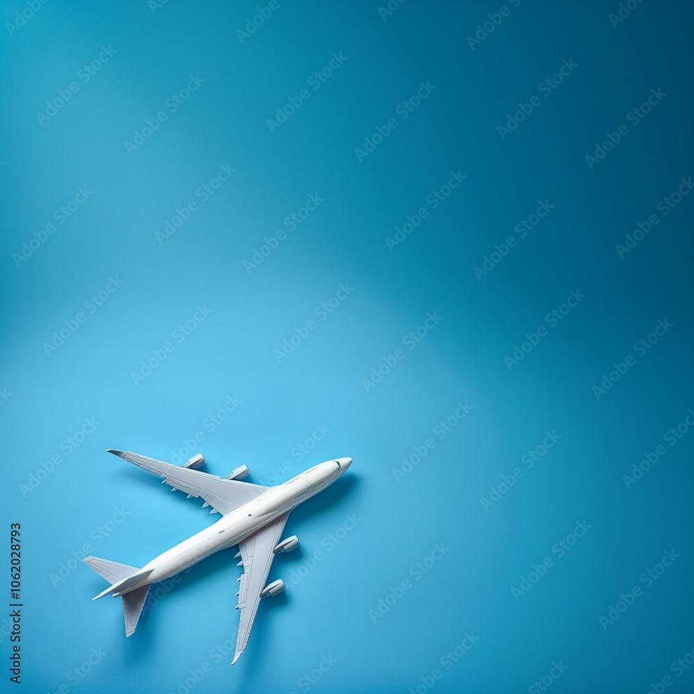 Top view of white toy airplane model over the blue color background Top view of white toy airplane model over the blue color background