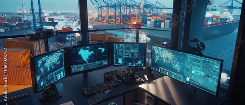 A modern control room with multiple screens displaying global data and monitoring shipping operations at a busy port, illuminated by natural light.