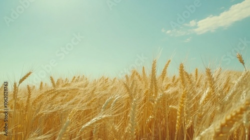 Golden wheat field under a bright blue sky, with tall stalks swaying in a gentle summer breez photo