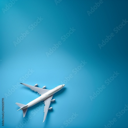 Top view of white toy airplane model over the blue color background