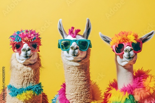 Creative animal concept. Group of lama in funky Wacky wild mismatch colourful outfits on bright background advertisement, copy space. birthday party invite invitation banner 
