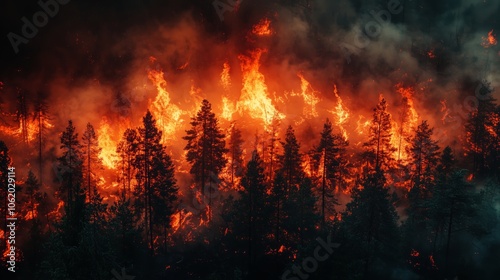 Massive Wildfire Engulfs Dense Forest Landscape