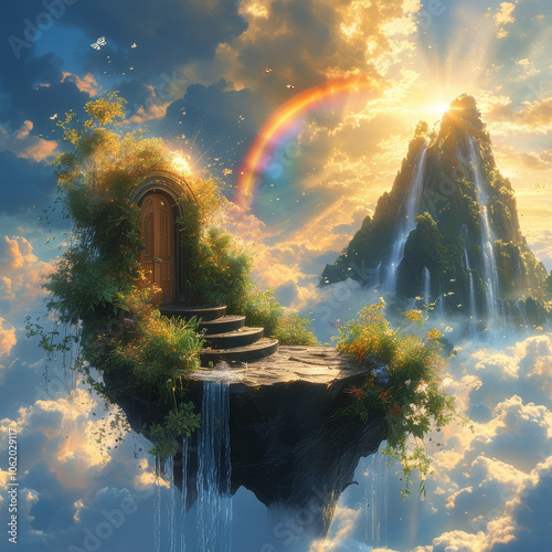 Sky bound Paradise podium rests on a floating island surrounded by fluffy clouds and plants, sky island drifts through an endless sky, radiant beams of sunlight golden clouds, Heavenly, rainbows photo