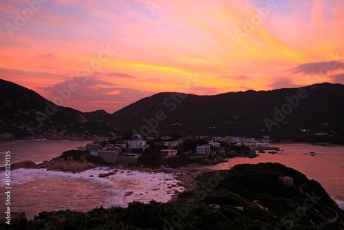 Stunning Sunset Sky Over Hong Kong Bay Landscape, Shek O, Hong Kong