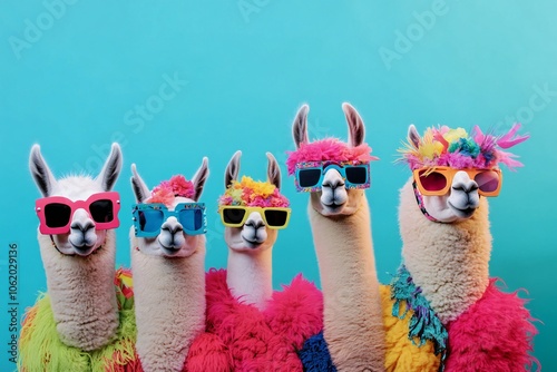 Creative animal concept. Group of lama in funky Wacky wild mismatch colourful outfits on bright background advertisement, copy space. birthday party invite invitation banner