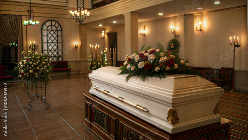 Elegant white coffin with floral arrangements in a beautifully decorated funeral home setting