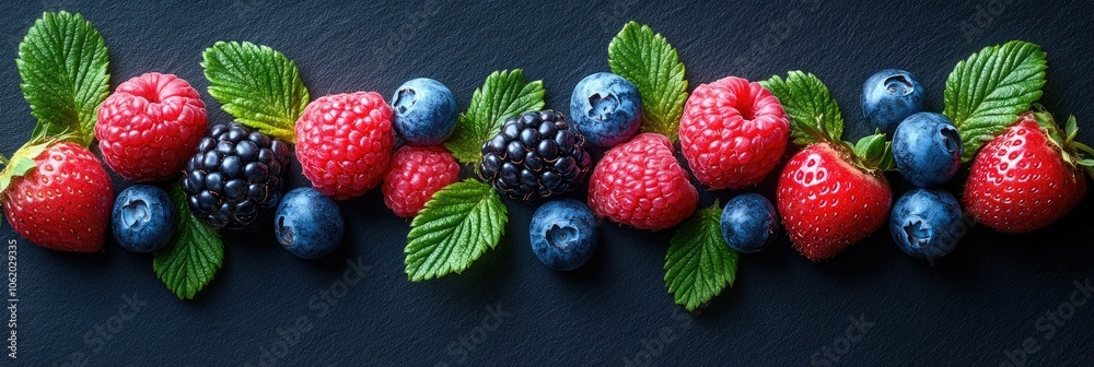 Fresh, assorted berries arranged in a row on a black surface.