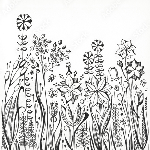 Beautifully hand-drawn spring flowers swaying in the wind and small butterflies fluttering above them. Coloring book. Print for fabric. Botanical illustration.