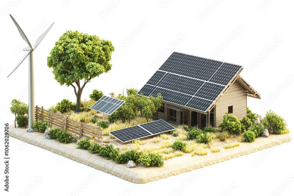 Remote renewable energy setup with solar panels and wind turbine isolated on white background Remote renewable energy setup with solar panels and wind turbine isolated on white background