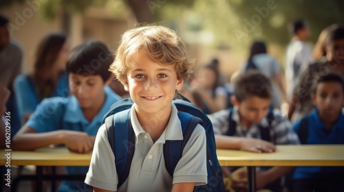 A young boy in a school uniform smiles for the camera while sitting on a bench with his classmates in the background.