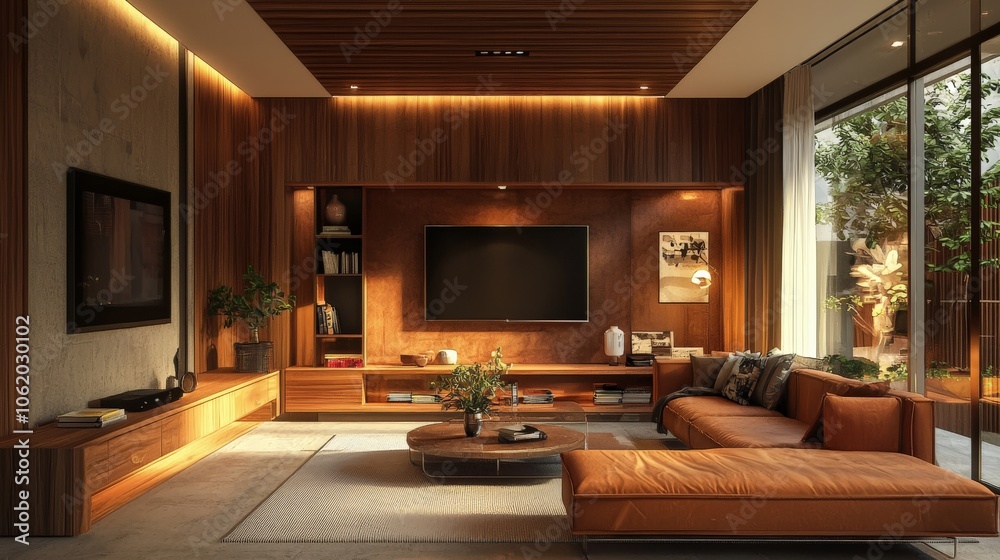 High-quality 3D interior rendering of a modern living room with realistic textures