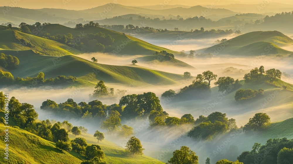 Hazy, humid summer morning with thick fog over green fields and distant trees barely visible in the mist Hazy, humid summer morning with thick fog over green fields and distant trees barely visible in the mist