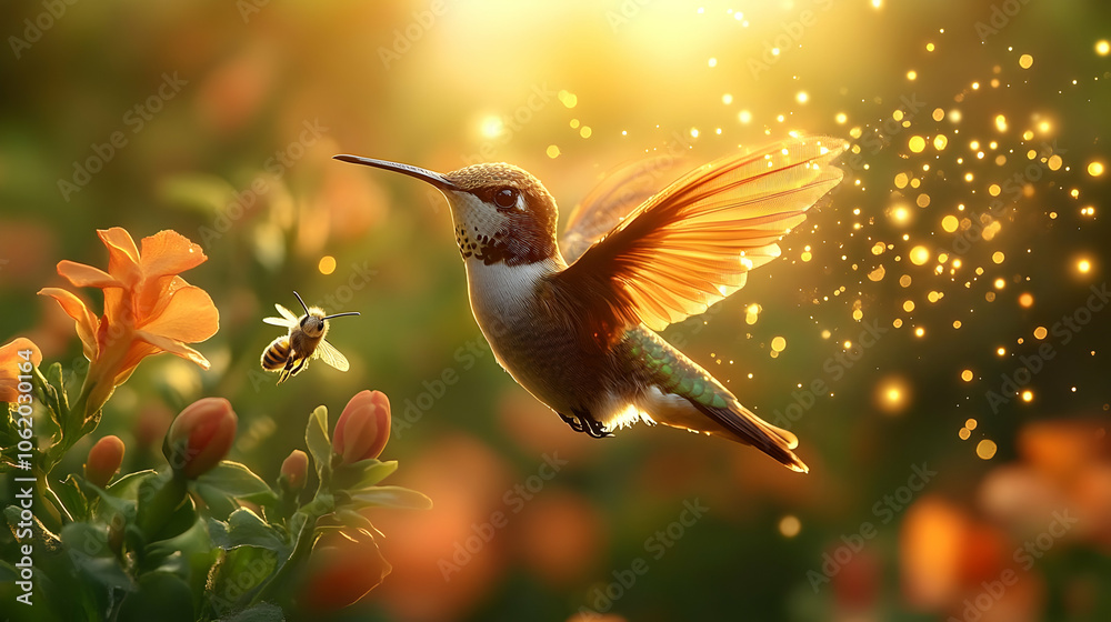 Fototapeta premium Hummingbird with Golden Wings Illustration