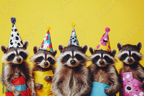 Creative animal concept. Group of racoons in funky Wacky wild mismatch colourful outfits on bright background advertisement, copy space. birthday party invite invitation banner 
