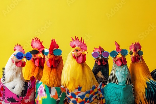 Creative animal concept. Group of chicken in funky Wacky wild mismatch colourful outfits on bright background advertisement, copy space. birthday party invite invitation banner
